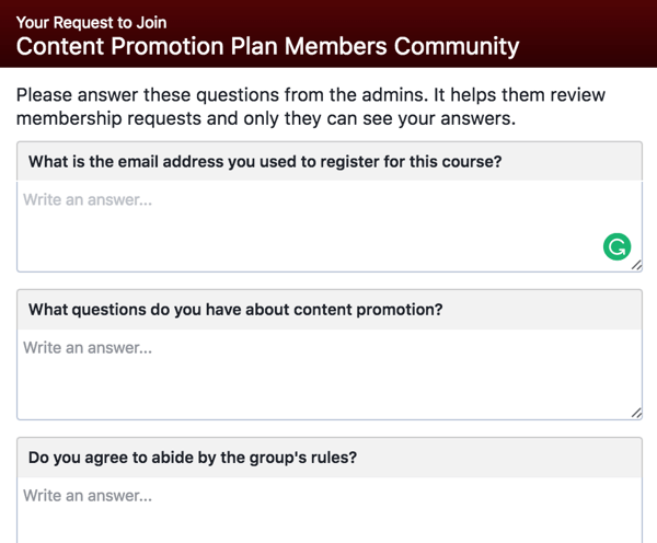 Minta calon anggota grup Facebook untuk menjawab pertanyaan yang memenuhi syarat.