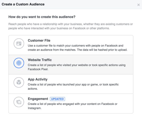 Pilih Traffic Situs untuk membuat audiens kustom berdasarkan orang-orang yang pernah mengunjungi situs Anda.