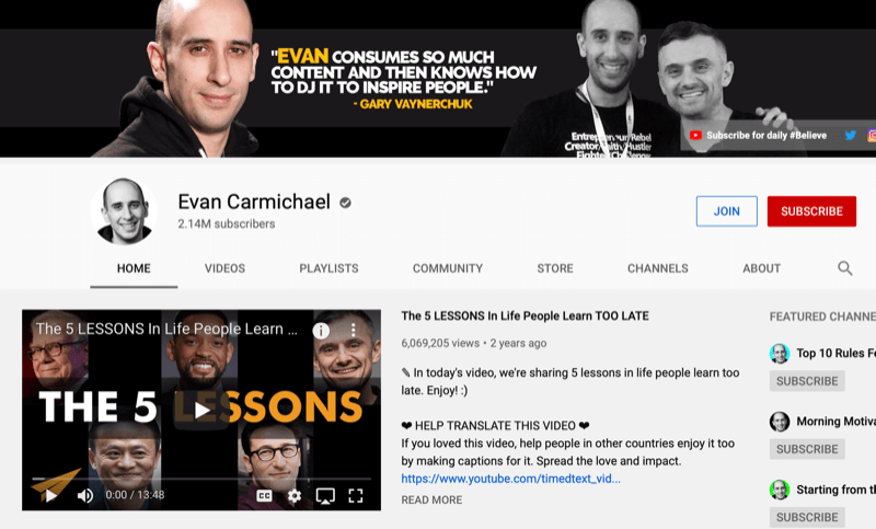 Halaman saluran YouTube untuk Evan Carmichael