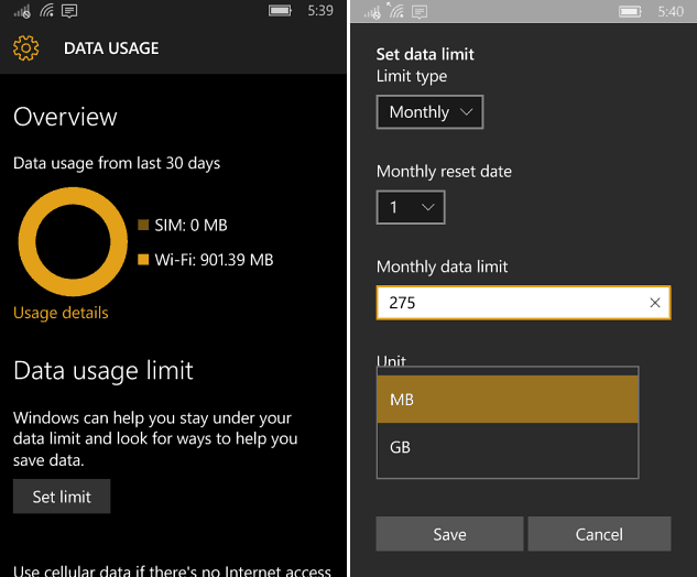 Penggunaan Data Windows 10 Mobile