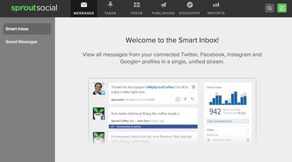 Sprout Social menawarkan kotak masuk cerdas yang memungkinkan Anda melihat pesan dari beberapa profil sosial di satu tempat.