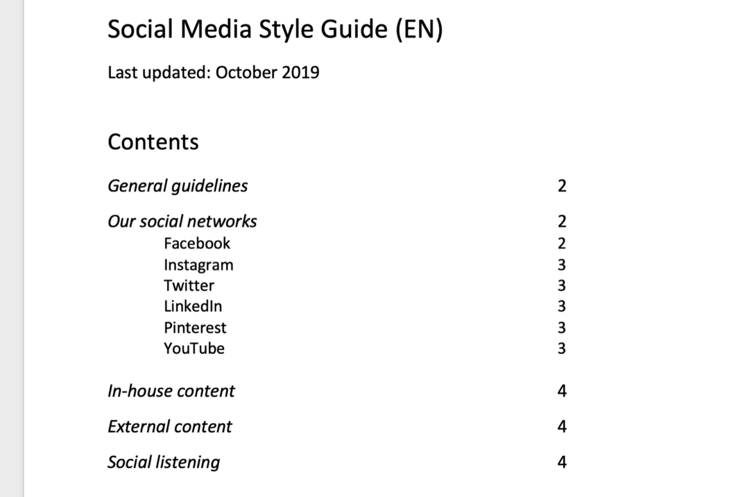 tangkapan layar dari daftar isi panduan gaya media sosial