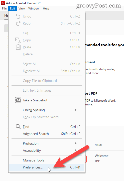 Pilih Preferensi di menu Edit di Adobe Acrobat Reader