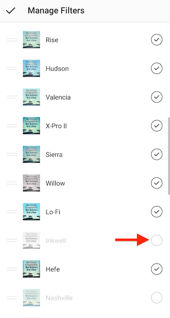 kelola opsi menu filter instagram yang menunjukkan tanda centang di sebelah filter yang termasuk dalam layar pemilihan, menyorot filter yang tidak dicentang untuk ditambahkan ke layar pemilihan filter