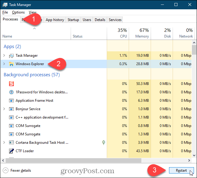 Pilih proses Windows Explorer dan klik Restart pada Windows 10