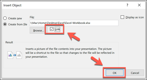 Memasukkan spreadsheet Excel di PowerPoint dengan opsi tautan diaktifkan