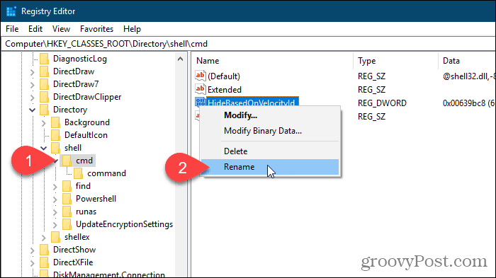 Pilih Ubah nama untuk nilai HideBasedOnVelocityId di Windows Registry Editor