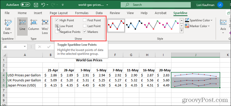 Perlihatkan opsi untuk grafik mini di Excel
