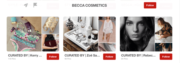 Contoh papan tamu di Pinterest yang dikurasi oleh influencer untuk Becca Cosmetics.
