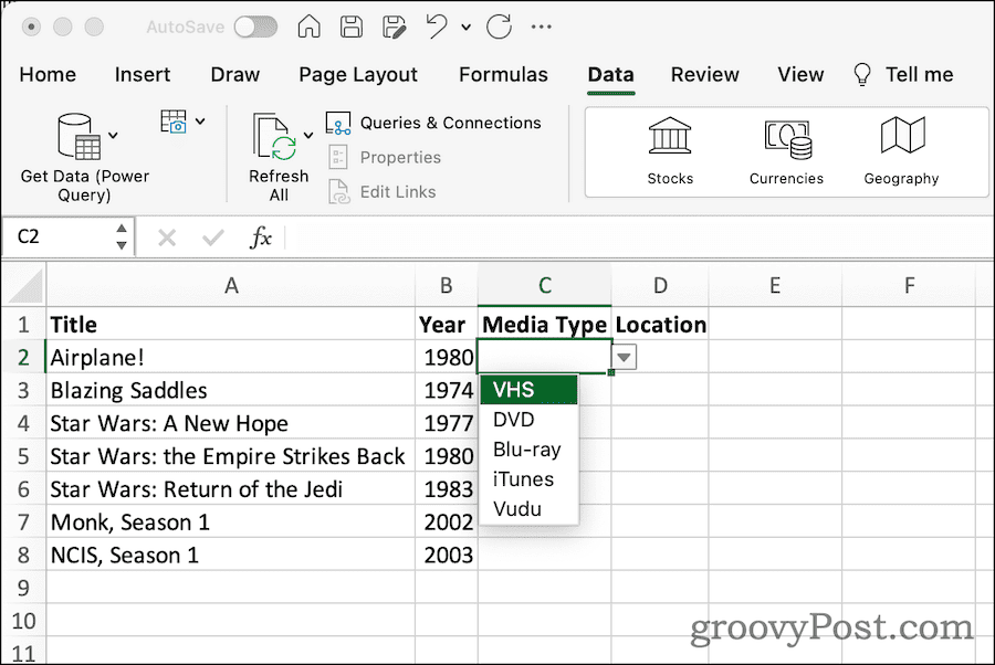 Daftar drop-down di spreadsheet Excel