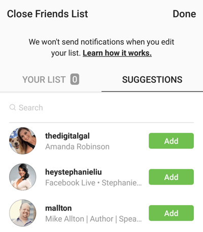 Opsi untuk mengklik Tambah untuk menambahkan teman ke daftar Teman Dekat Anda di Instagram.