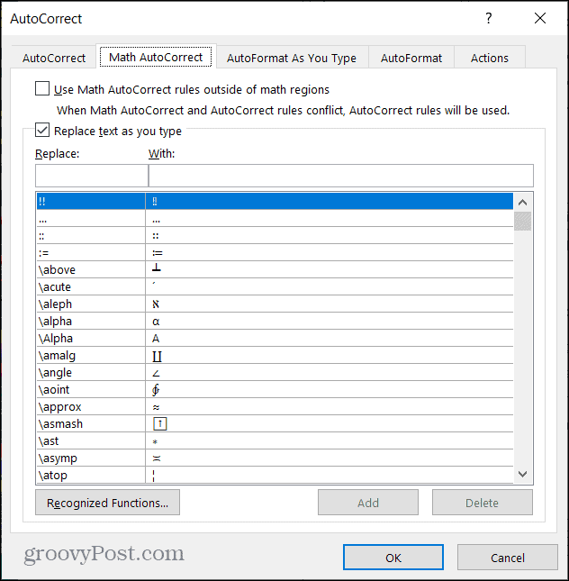 Koreksi Otomatis Matematika di Word di Windows