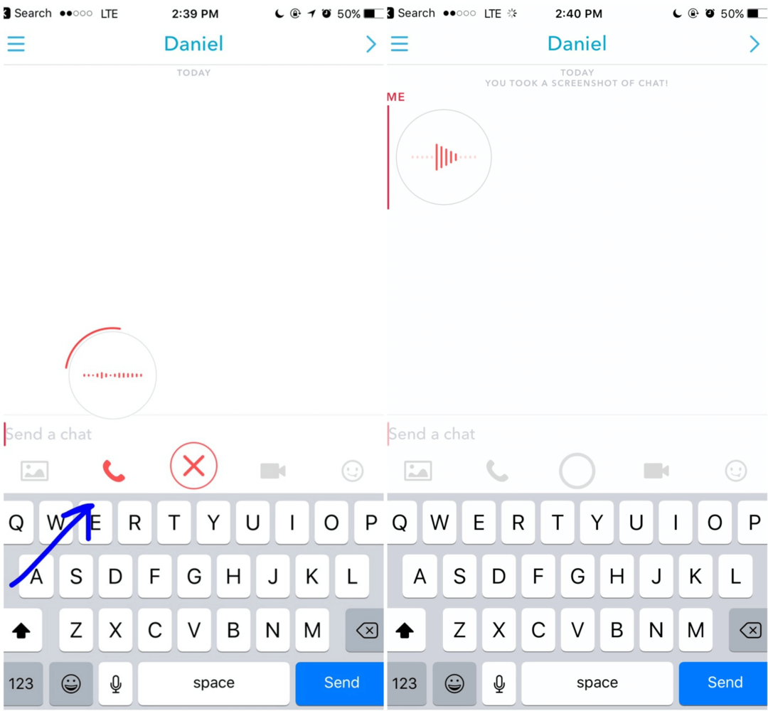 Di Snapchat, tahan ikon telepon untuk merekam pesan suara yang akan dilihat pelanggan Anda saat mereka masuk lagi.
