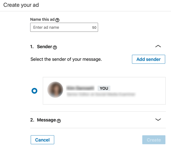 Cara membuat iklan InMail sponsor berbasis tujuan LinkedIn, langkah 3, tetapkan nama dan pengirim iklan