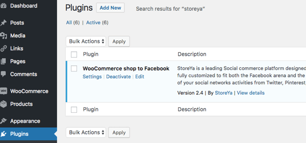 Anda akan tahu plugin tersebut diaktifkan ketika WooCommerce Shop to Facebook muncul di bawah Installed Plugins.