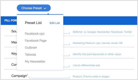 Preset ekstensi Chrome Google URL Builder