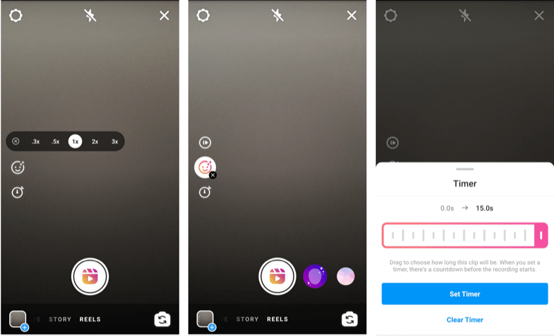 tangkapan layar yang menunjukkan opsi dan pengaturan timer gulungan instagram 