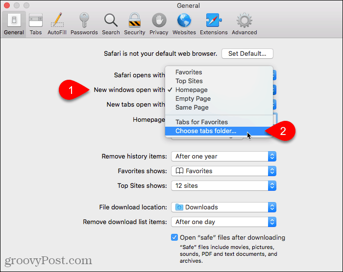 Pilih folder Pilih tab untuk Jendela baru terbuka dengan pengaturan di Safari pada Mac