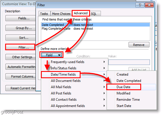 Tangkapan layar: Filter Pengaturan Bilah Tugas Outlook 2007