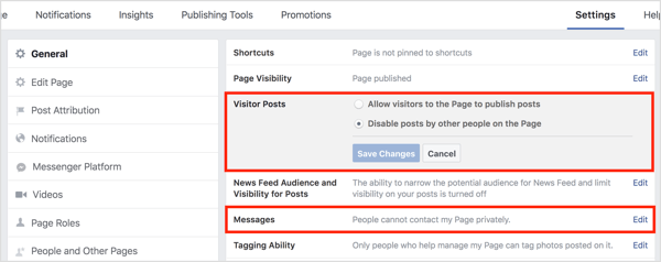 Pada tab Umum pengaturan halaman Facebook Anda, edit pengaturan Posting dan Pesan Pengunjung.