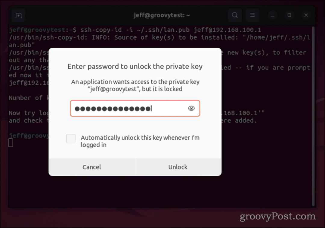 Dialog kata sandi Ubuntu untuk kunci SSH