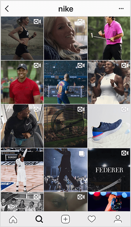 Postingan Instagram Nike menampilkan kumpulan atlet yang mengenakan perlengkapan Nike, tetapi hanya sedikit gambar di feed yang memiliki teks.