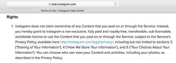 Ketentuan Penggunaan Instagram menguraikan lisensi yang Anda berikan ke platform untuk konten Anda.