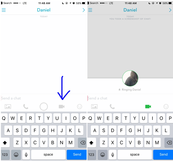 Untuk melakukan panggilan video Snapchat, ketuk ikon video dalam percakapan terbuka Anda dengan pelanggan.