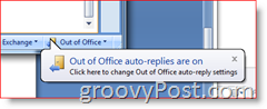 Sudut kanan bawah Outlook 2007 - Pengingat Balasan Otomatis Di Luar Kantor Diaktifkan
