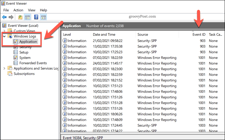 Daftar log aplikasi Windows di Peraga Peristiwa