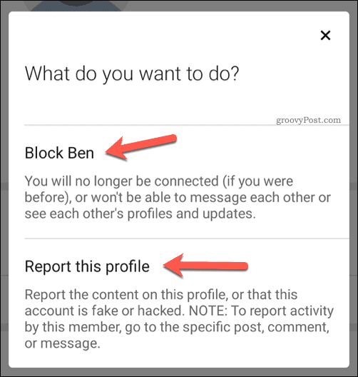 Memilih untuk memblokir atau melaporkan pengguna di LinkedIn