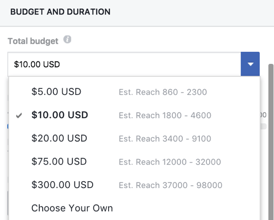 Anda dapat secara manual mengatur anggaran untuk posting Facebook Anda yang ditingkatkan.