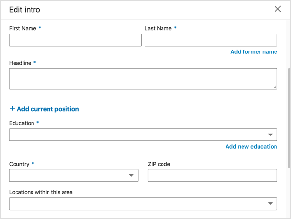 Edit kotak dialog Intro tempat Anda mengedit judul profil LinkedIn Anda