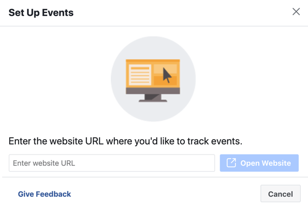 Gunakan Alat Pengaturan Acara Facebook, langkah 3, masukkan URL situs web untuk menginstal acara piksel
