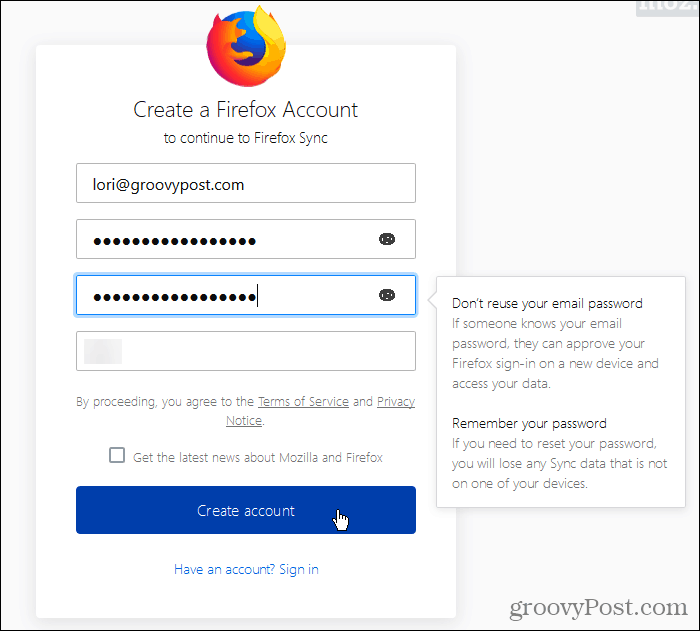 Buat akun Firefox Sync