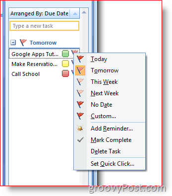 Bilah Agenda Outlook 2007 - Klik-kanan Bendera untuk Menu Opsi