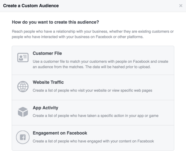 Pilih sumber yang ingin Anda gunakan untuk audiens kustom Facebook Anda.