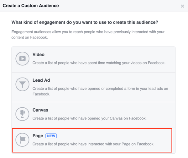 Pilih Halaman untuk membuat audiens kustom Facebook Anda.