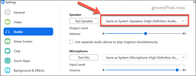 zoom pilih pengaturan speaker