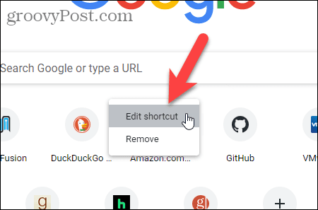 Pilih Edit pintasan di laman Tab Baru Chrome
