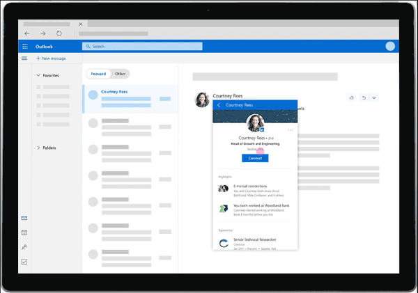 LinkedIn sekarang akan memberikan wawasan yang kaya seperti gambar profil, riwayat kerja, dan lainnya langsung dari dalam kotak masuk pribadi pengguna Outlook.com.