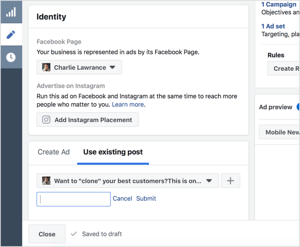 Pilih Gunakan Posting yang Ada dan masukkan ID posting Facebook.