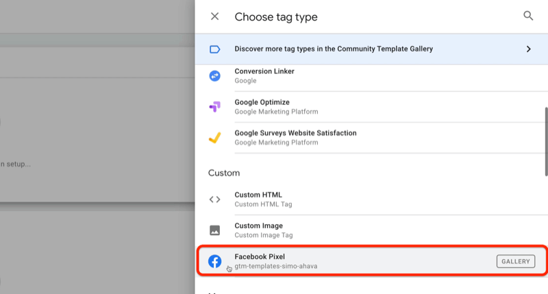contoh tag baru pengelola tag google dengan menu pilih jenis tag dan opsi piksel facebook disorot di bawah bagian kustom