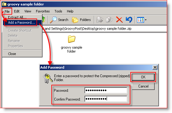 Kompresi Bawaan Windows XP - Tambahkan Kata Sandi
