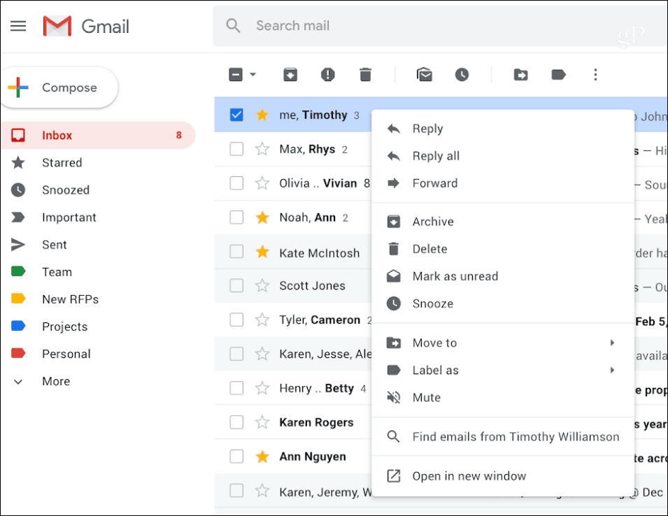 Menu Konteks Klik Kanan Gmail