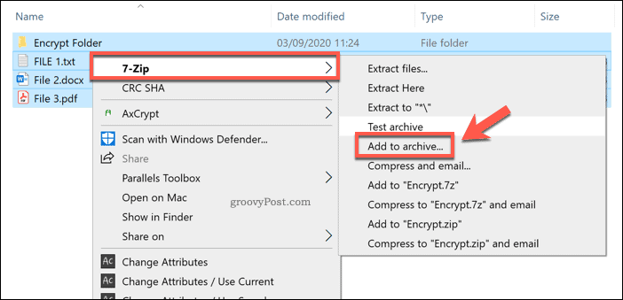 Menambahkan ke arsip 7-Zip baru di Windows 10