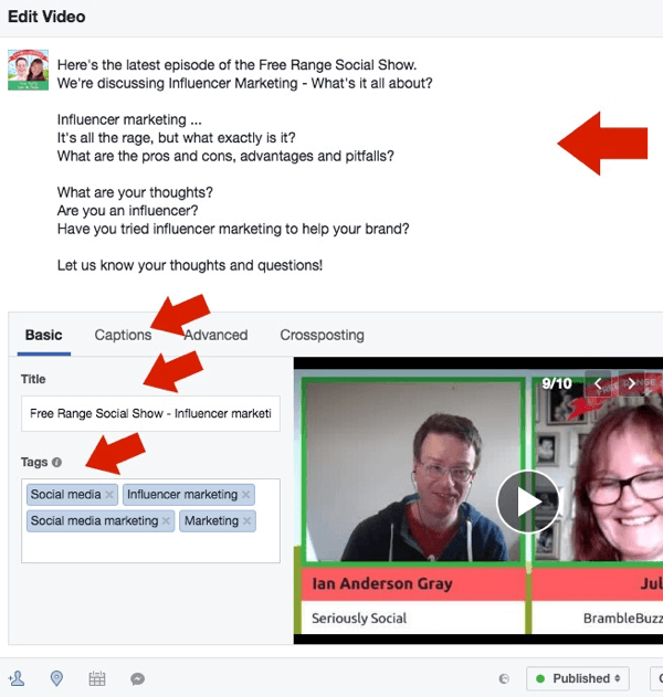 Edit teks posting, judul video, dan tag video untuk tayangan ulang Facebook Live Anda.