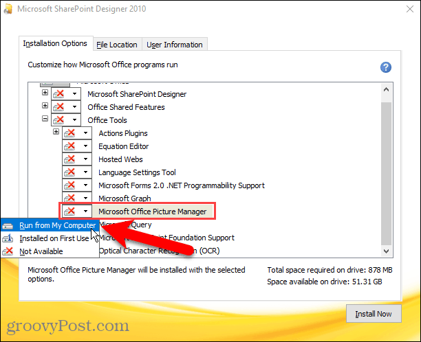 Aktifkan Jalankan dari Komputer Saya untuk Microsoft Office Picture Manager di instalasi Sharepoint Designer