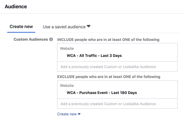 Cara membuat iklan jangkauan Facebook, langkah 5, pengaturan iklan audiens kustom untuk lalu lintas situs web