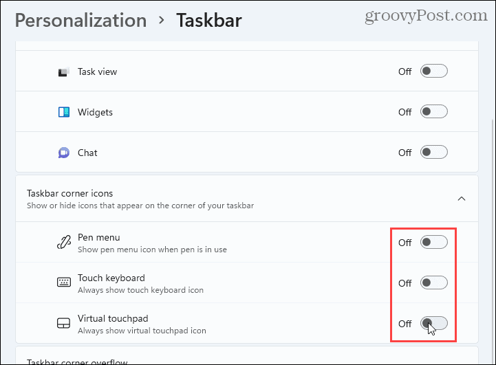 Sembunyikan ikon sudut Taskbar di Windows 11